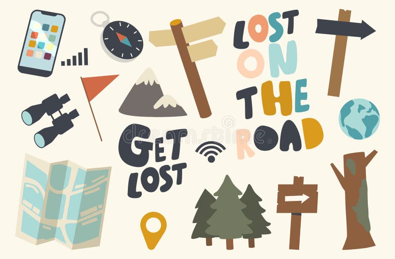 Set Icons Get Lost in Forest or Road Theme. Pointer, Compass and Binoculars, Trees, Red Flag and Map for Searching Way royalty free illustration