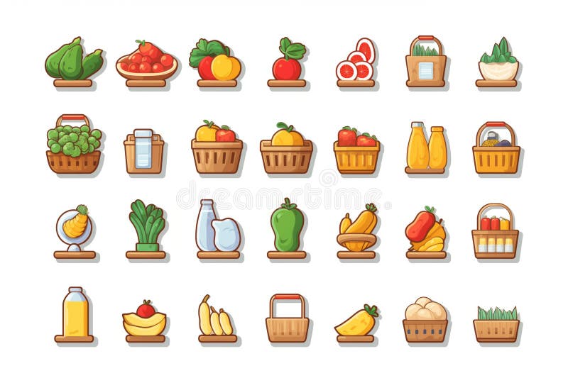 Set of icons for grocery store, food website with milk, meat, pastries, vegetables and fruits, online shopping. High quality photo AI generated