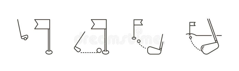 Set of 4 icons related with golf activity. Vector thin line graphic elements. Aiming the ball to the target in the hole near flag vector illustration