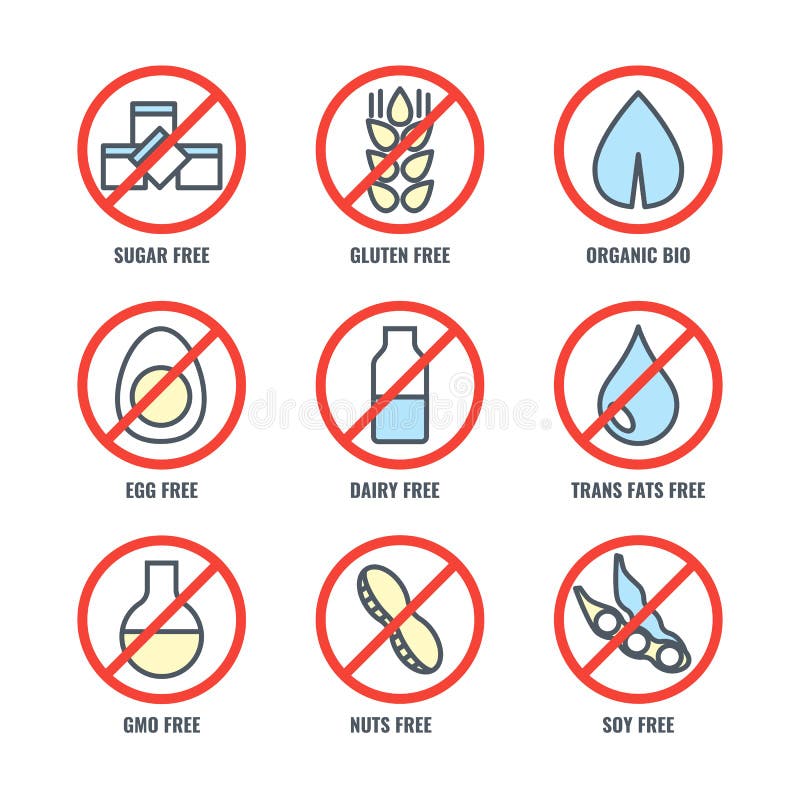 Set of Icons with Sign Meaning Absence of Sugar Gluten Stock