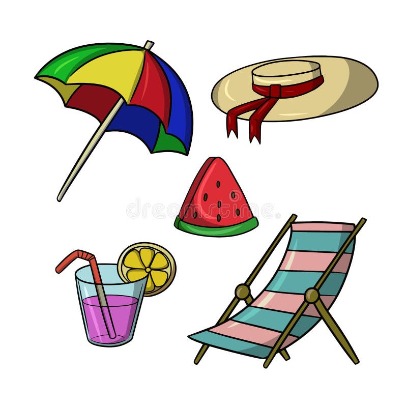 Set of Icons, Tourist Vacation on the Beach, Vector Cartoon Stock ...