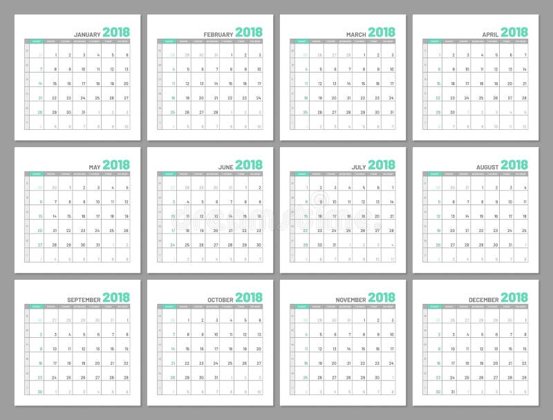 Set Identical Light Calendars, 2018, Months, Flat Stock Vector