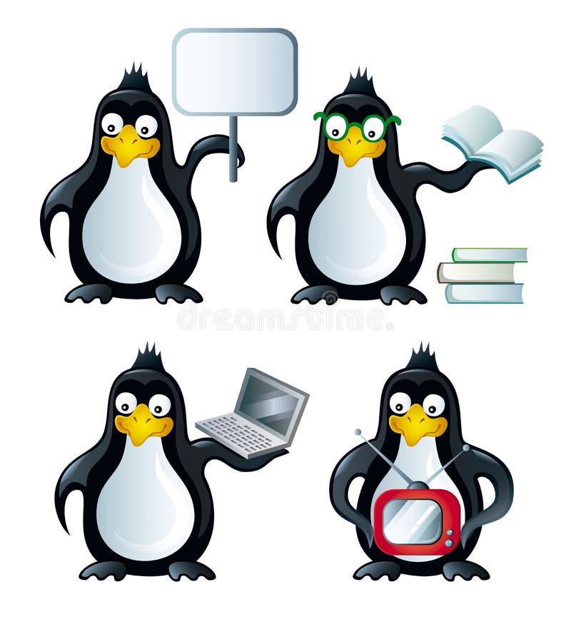 Penguins with board, notebook, TV set, learning penguin. Penguins with board, notebook, TV set, learning penguin