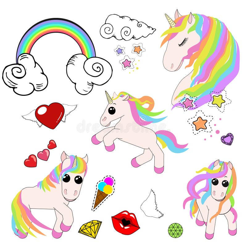 Set ikony jednorożec, gwiazdy, lody, tęcza, chmury z kędziorami, wargi w buziaku, lody w rogu i diamenty, royalty ilustracja Set ikony jednorożec, gwiazdy, lody, tęcza, chmury z kędziorami, wargi w buziaku, lody w rogu i diamenty, royalty ilustracja