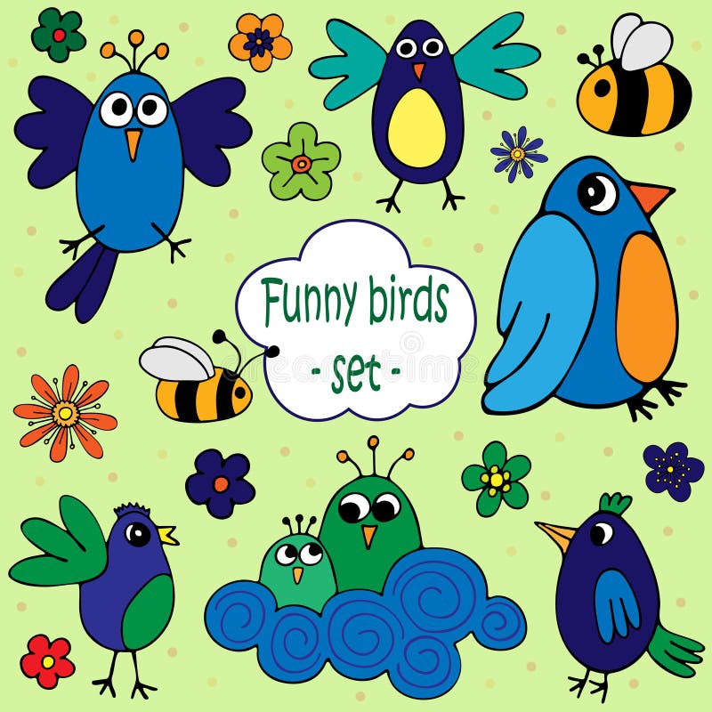 A set of illustrations of funny birds with flowers and bees.
