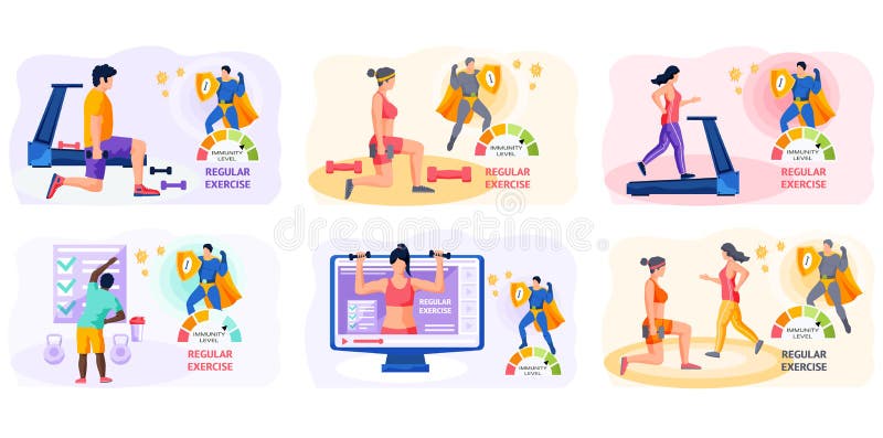 Set of Illustrations about Regular Exercises with Equipment. Immunity Level  Increases Due To Sports Stock Vector - Illustration of stronger, dumbbell:  218923884