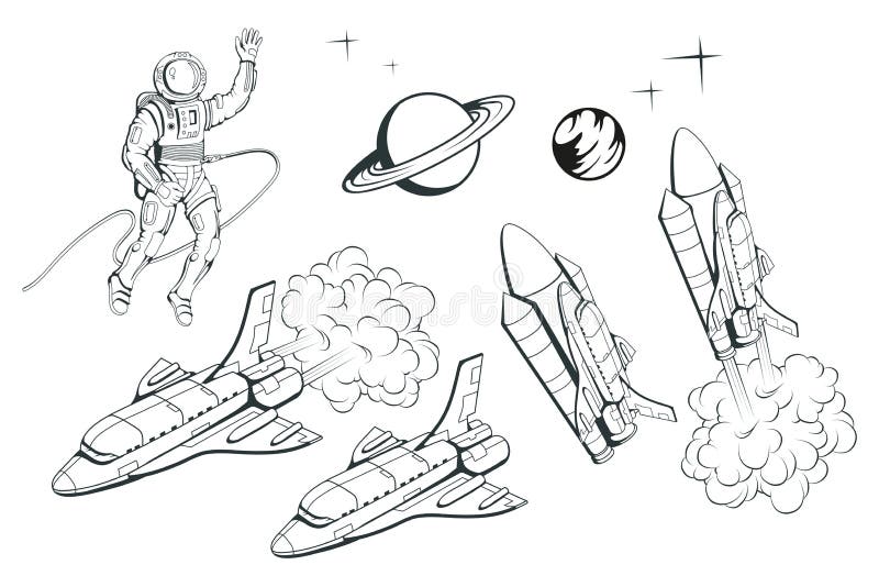 Set of illustrations on a space theme. Space shuttle. Hand drawn spaceship. Space travel through the Galaxy. royalty free illustration Set of illustrations on a space theme. Space shuttle. Hand drawn spaceship. Space travel through the Galaxy. royalty free illustration