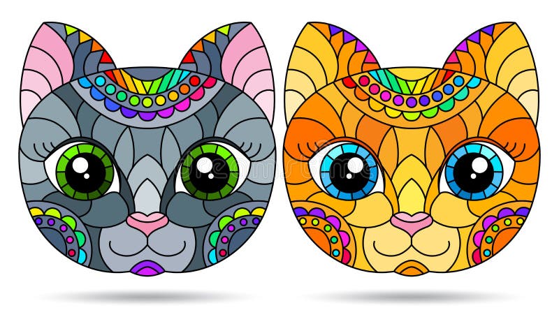 Stained Glass Illustration with the Faces of Cute Cartoon Cats, Animals ...