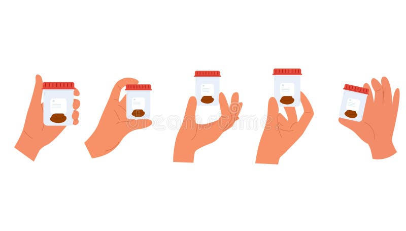 Set of illustrations with stool analysis. Hands hold container with poop sample. Medical check up vector illustration