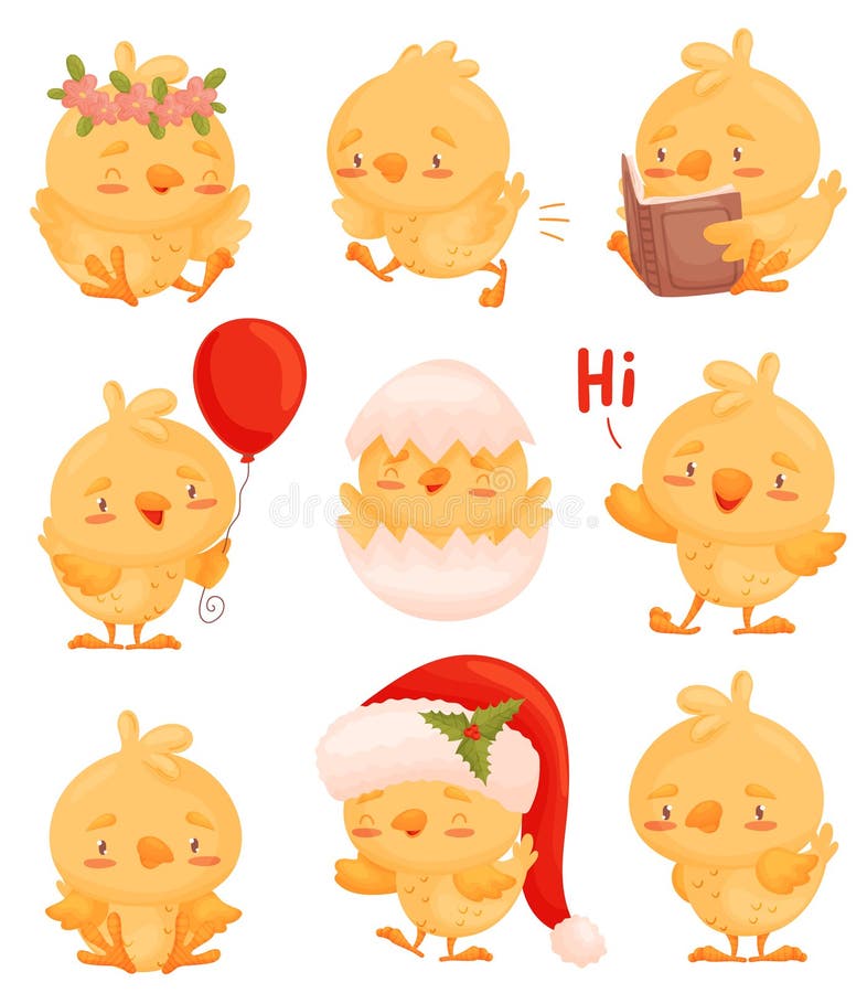 Set of images of chickens with different objects in their hands. Vector illustration on white background. stock illustration