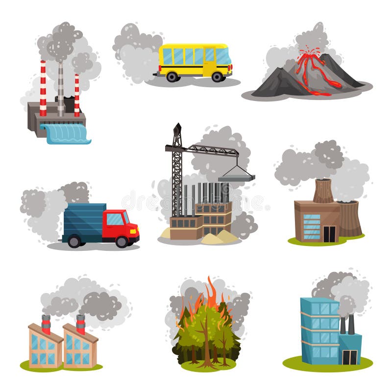 Set of images of air pollution sources. Vector illustration. vector illustration Set of images of air pollution sources. Vector illustration. vector illustration
