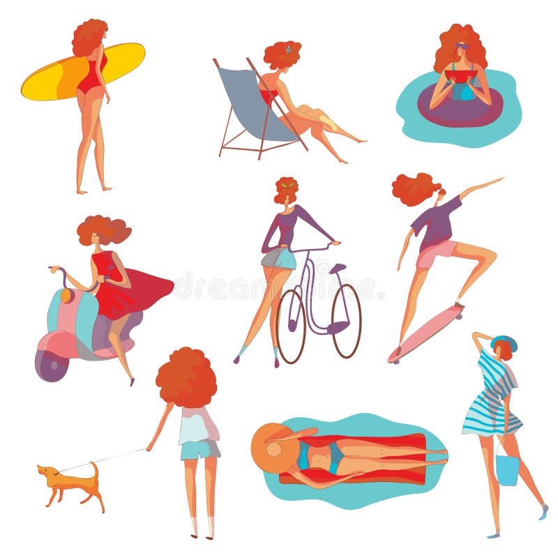 Set of images of a woman at summer holiday. Vector illustration on white background. vector illustration Set of images of a woman at summer holiday. Vector illustration on white background. vector illustration