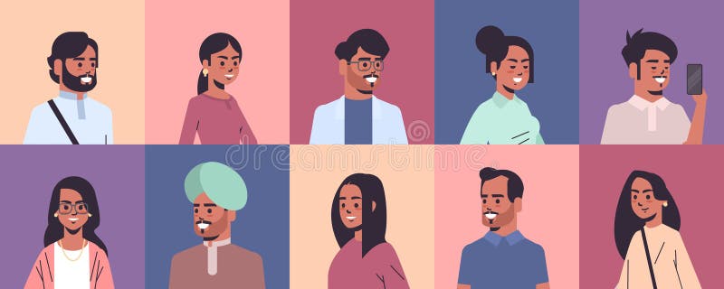 Set Indian Men Women Avatars Smiling Male Female Cartoon Characters  Collection Horizontal Portrait Stock Vector - Illustration of glasses,  lifestyle: 179292726