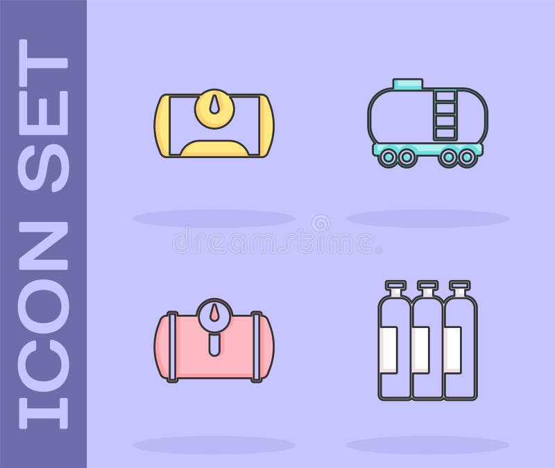 Set Industrial gas cylinder tank, Gas for vehicle, and Oil railway cistern icon. Vector royalty free illustration