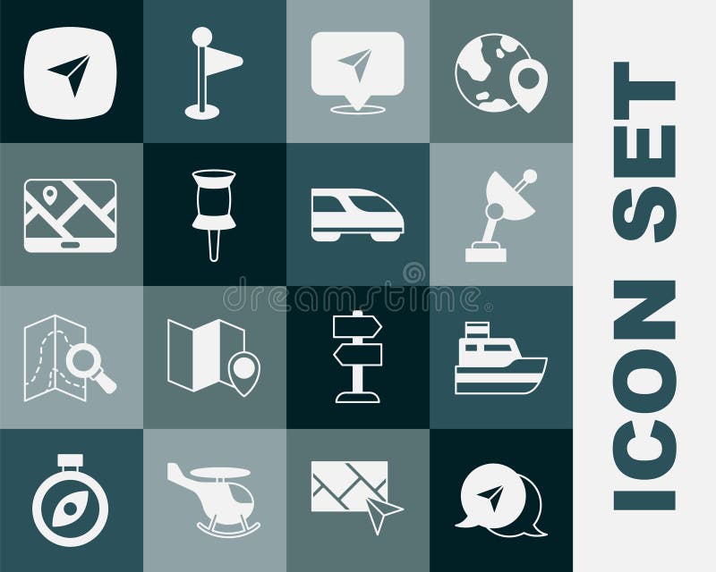 Set Infographic of city map navigation, Ship line path, Radar, Push pin, City, and High-speed train icon. Vector vector illustration