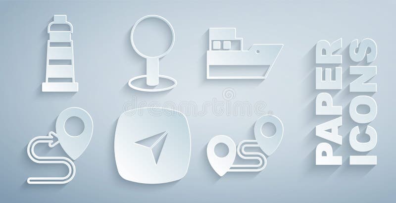 Set Infographic of city map navigation, Ship line path, Route location, Push pin and Lighthouse icon. Vector royalty free illustration