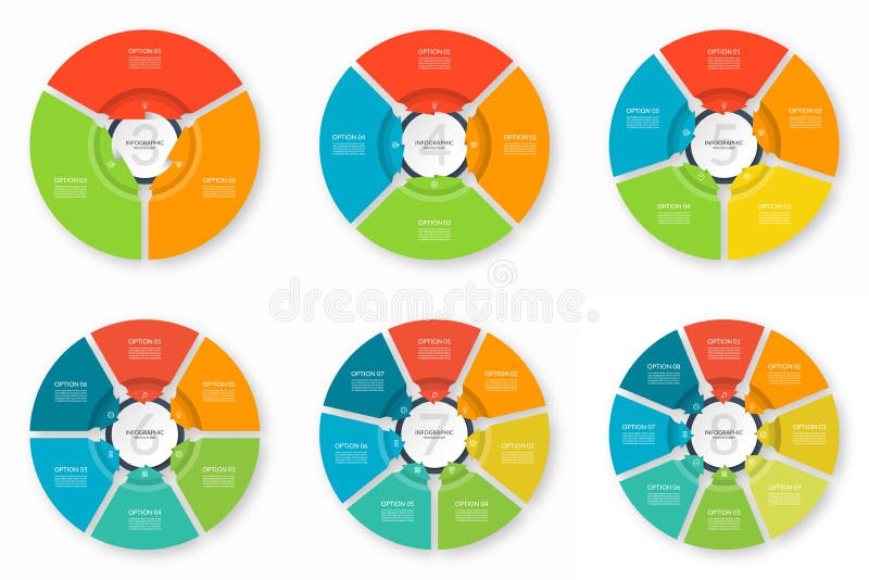 Set of infographic process charts. Circular design templates with 3, 4, 5, 6, 7, 8 arrows pointing to the center. vector illustration