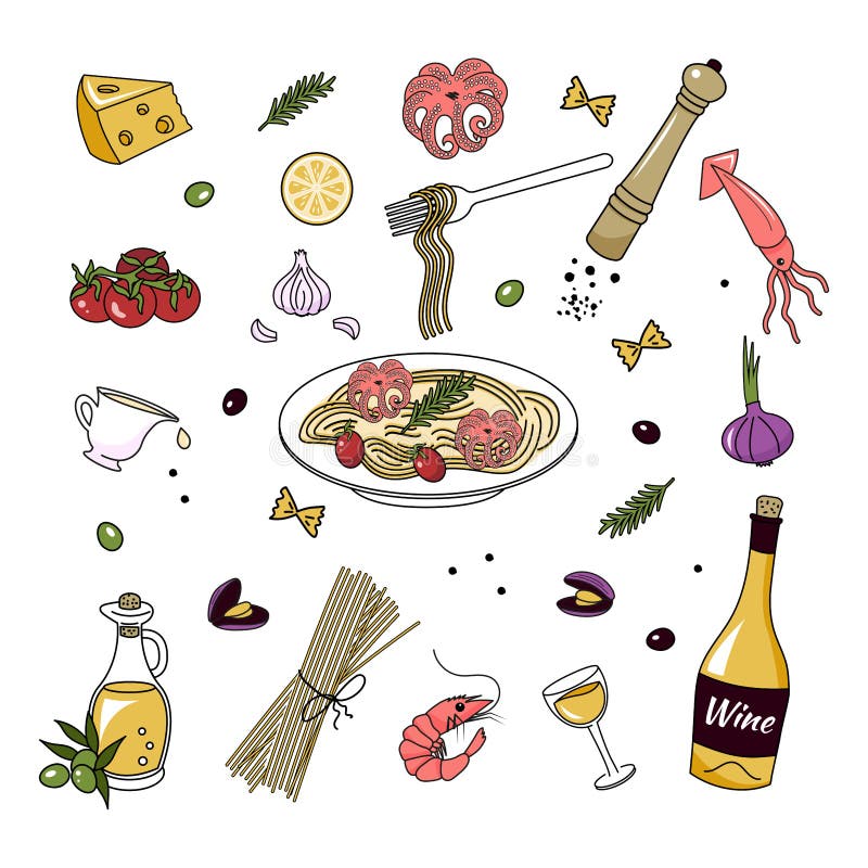 A Set of Ingredients for Making Pasta with Octopus. Doodle Style