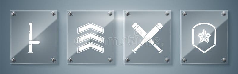 Set insigna de poliție traversat bat de baseball rang militar și baston de cauciuc de poliție. panouri de sticlă pătrată. vector royalty free illustration