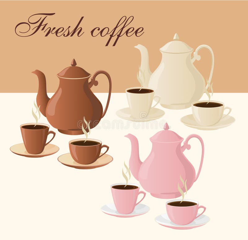Set of Insulated Coffee Pots and Cups of Coffee. Stock Vector