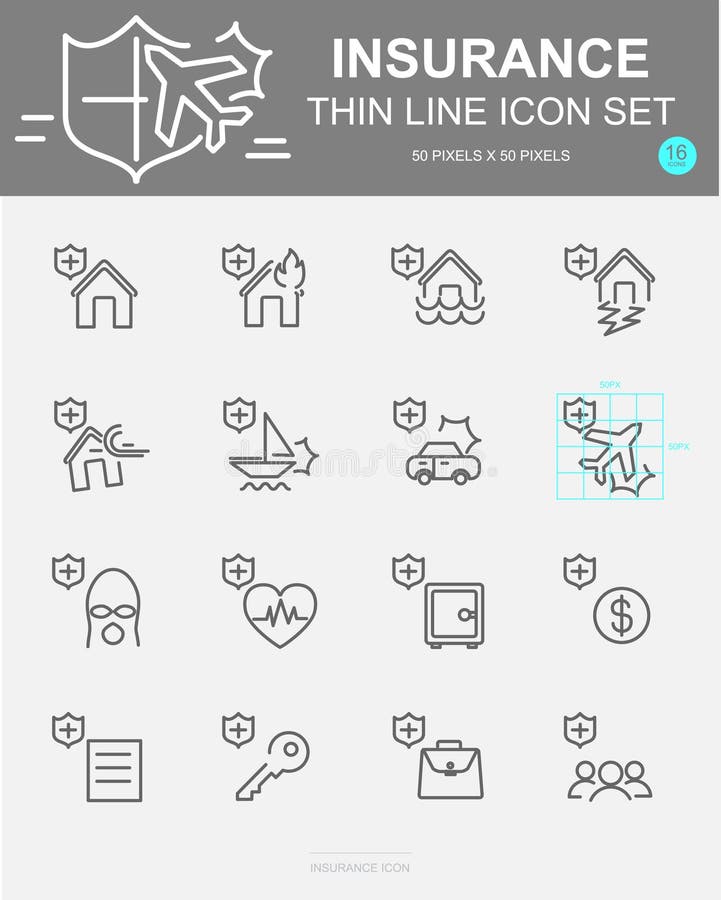 Set of Insurance Vector Line Icons. Includes life, safety, accident, property, travel and more