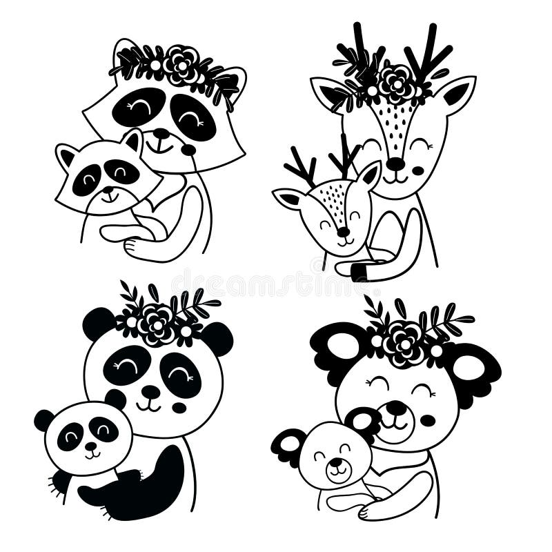 Set of Isolated Black Outline Mother and Baby Animals 2 Editorial
