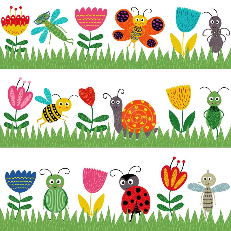 Set of isolated borders with funny insect royalty free illustration