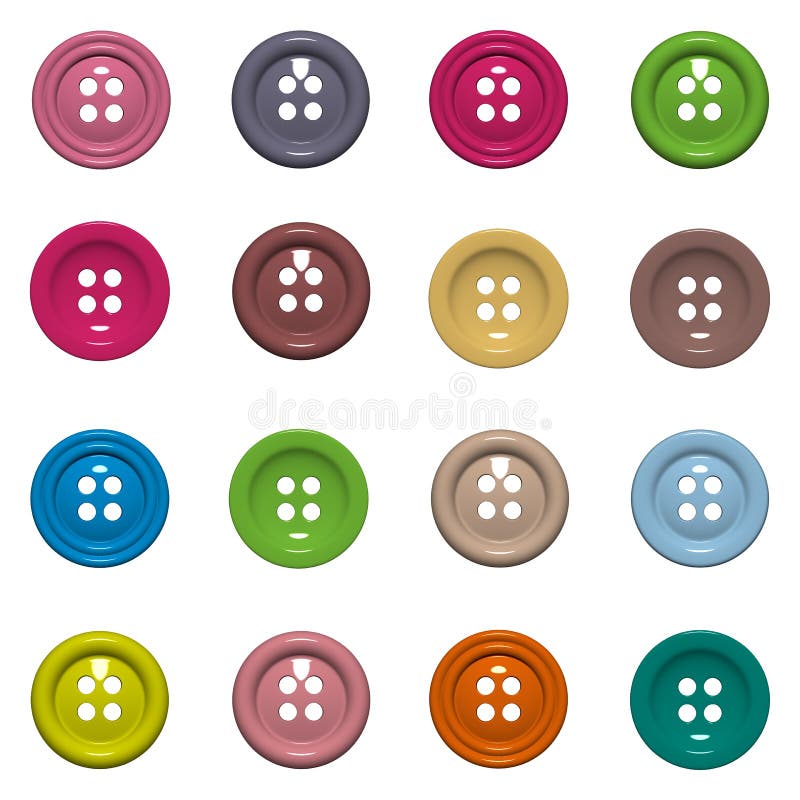 Round plastic buttons for clothing. Bright illustration on a white background. Beautiful set of accessories for clothes. Button clasp stock images, royalty-free photos and pictures