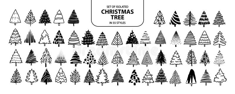 Set of isolated Christmas tree in 55 styles stock illustration Set of isolated Christmas tree in 55 styles stock illustration