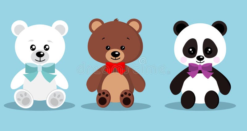 Set of isolated cute elegant holiday teddy toy bears with bow tie in sitting pose: brown bear, polar bear, panda on blue royalty free illustration Set of isolated cute elegant holiday teddy toy bears with bow tie in sitting pose: brown bear, polar bear, panda on blue royalty free illustration