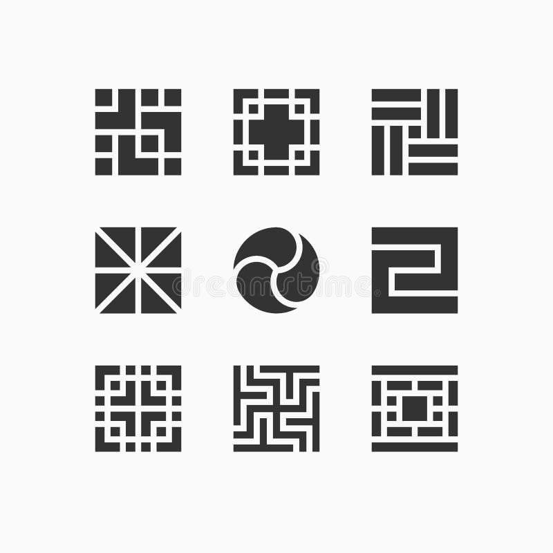 Set of isolated Korean ethnic symbols, motifs and lattice patterns vector illustration
