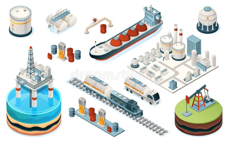 Set of isolated oil, gas industry isometric icons