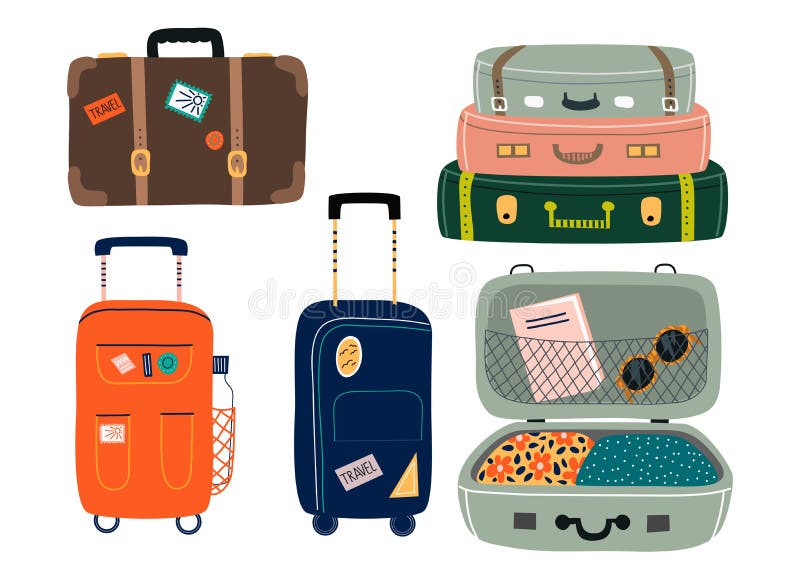 Set of Isolated Suitcases with Wheels. Travel Bags with Various ...