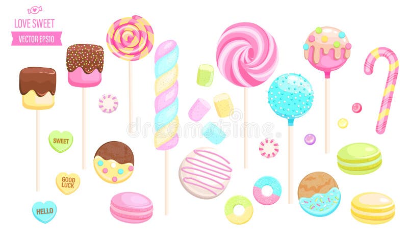 Set of isolated sweets on white background.