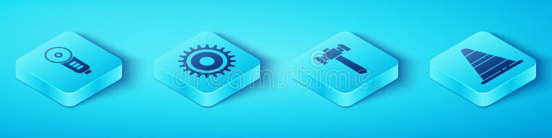 Set Isometric Angle grinder, Circular saw blade, Traffic cone and Hammer icon. Vector stock illustration