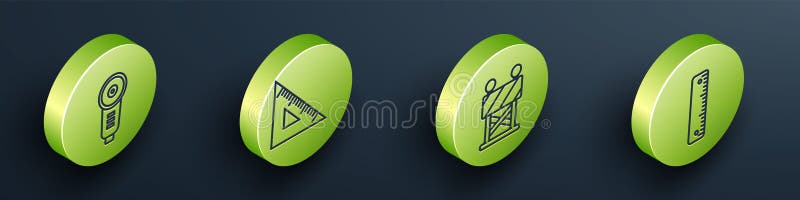 Set Isometric Angle grinder, Triangular ruler, Road barrier and Ruler icon. Vector royalty free illustration
