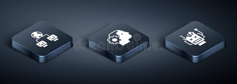 Set Isometric Artificial intelligence, Broken robot and Humanoid icon. Vector vector illustration