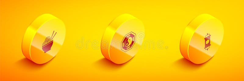 Set Isometric Asian noodles in bowl, Yin Yang and Chinese paper lantern icon. Vector stock illustration