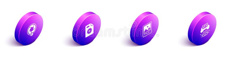 Set Isometric Camera shutter AVI file document Foto frame and VFX icon. Vector stockfotos