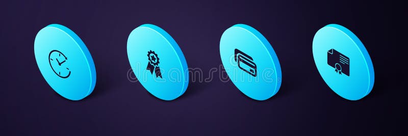Set Isometric Certificate template, Credit card, Medal with star and Clock arrow icon. Vector stock illustration