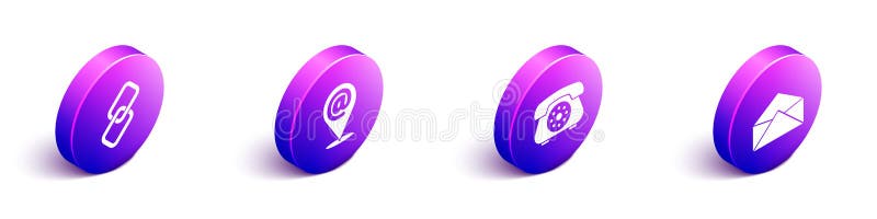 Set Isometric Chain link, Location and mail and e-mail, Telephone and Envelope icon. Vector stock illustration