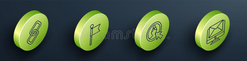 Set Isometric Chain link, Location marker, Create account screen and Monitor and envelope icon. Vector vector illustration