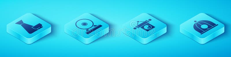 Set Isometric Chinese tea ceremony, Gong, Chinese hat and Yin Yang icon. Vector royalty free illustration