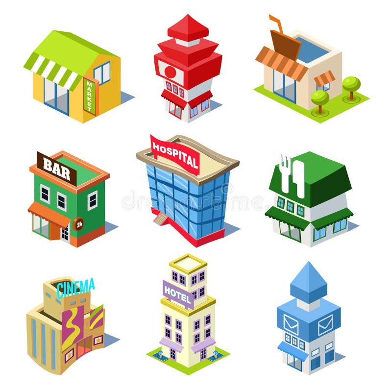 Set of the Isometric City Buildings and Shops vector illustration