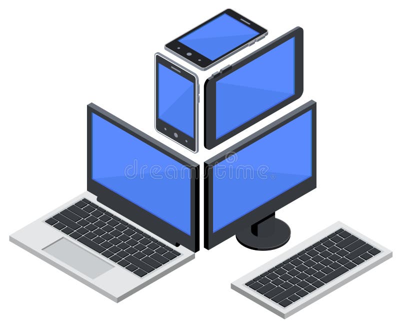 Set of isometric computer desctop, laptop, tablet, smartphone, phone vector illustration