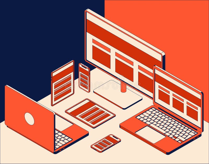 Set of isometric computer monitor, laptops, tablets and mobile phones. Device mockup template. Vector illustration.