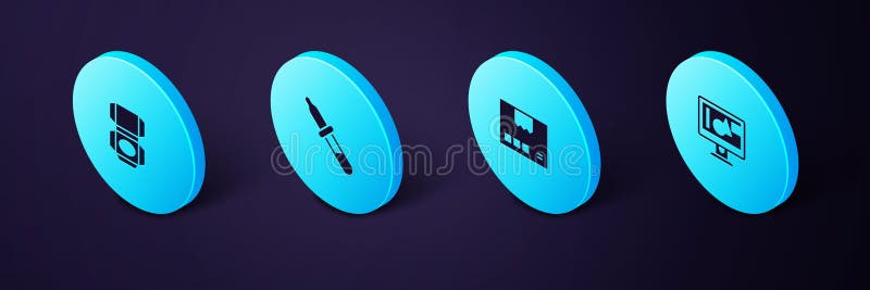 Set Isometric Computer monitor screen, Carton cardboard box, Pipette and icon. Vector vector illustration