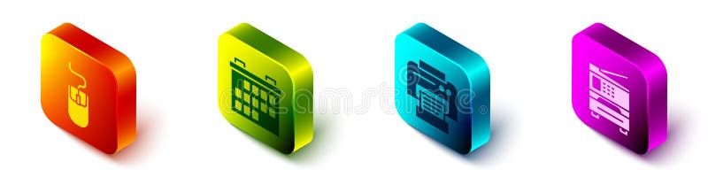 Set Isometric Computer mouse, Calendar, Printer and Printer icon. Vector.