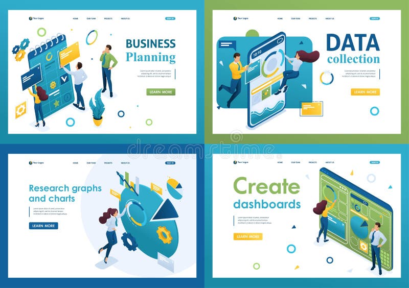 Set of isometric concepts. business planning, data collection, create dashboard. For Landing page concepts and web design vector illustration