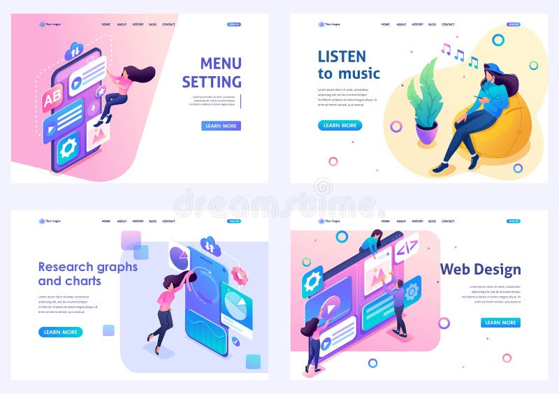 Set of isometric concepts menu setting, web design, listen to music, data analysis. For Landing page concepts and web design royalty free illustration